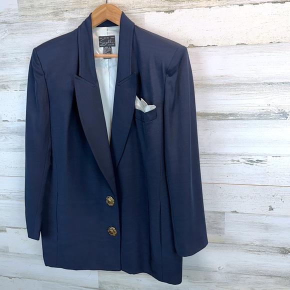 Vintage 90s Suzelle Silk Blazer Navy Gold Buttons Old Money Power Blazer 10 - Picture 3 of 11